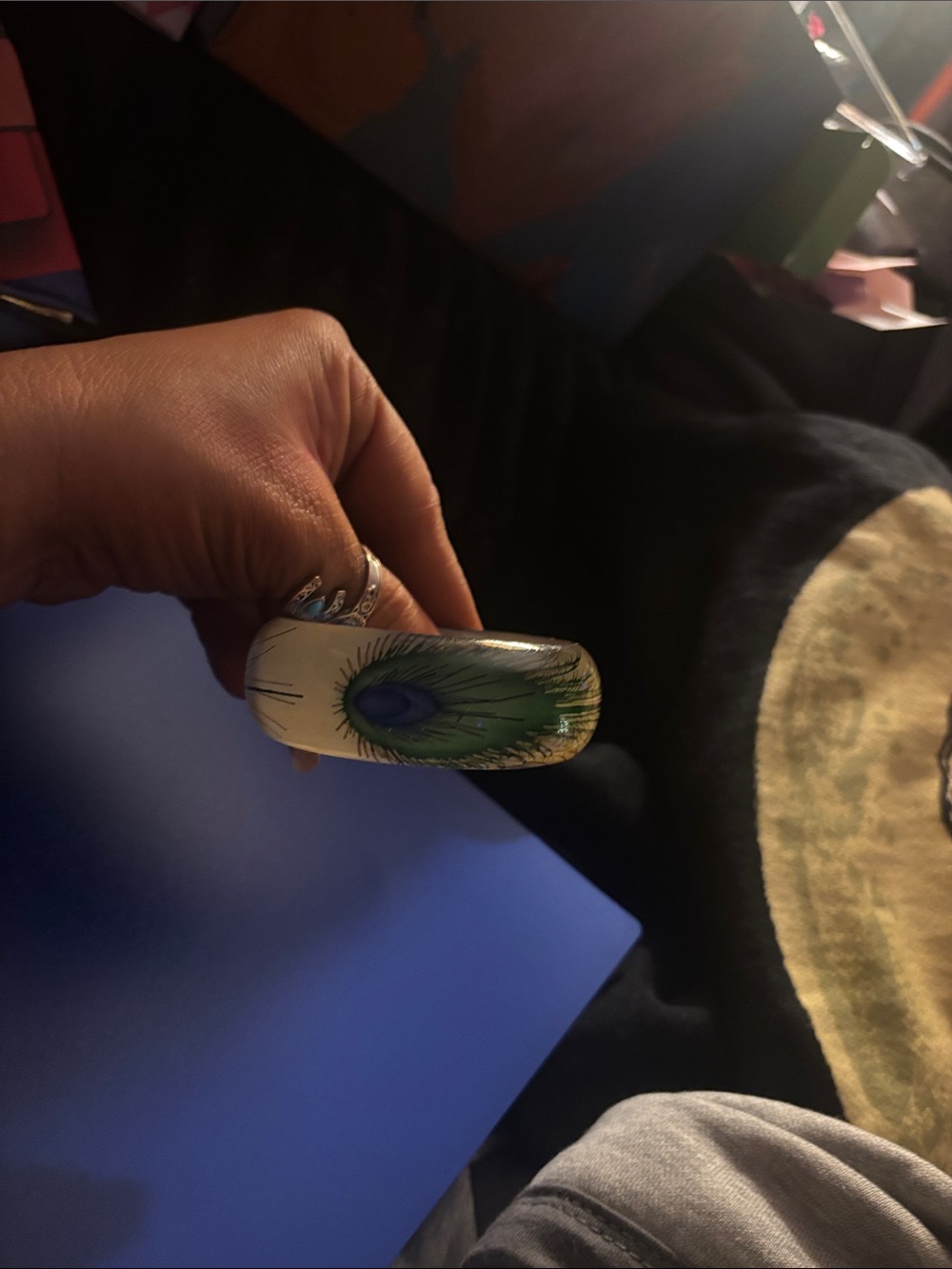 Peacock Feather Painted Bangle Bracelet - Green & Blue